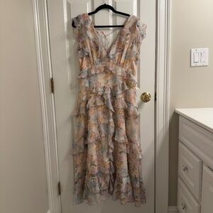 O.P.T. Floral Sleeveless Chiffon Pink Ruffle Maxi Dress sz 10